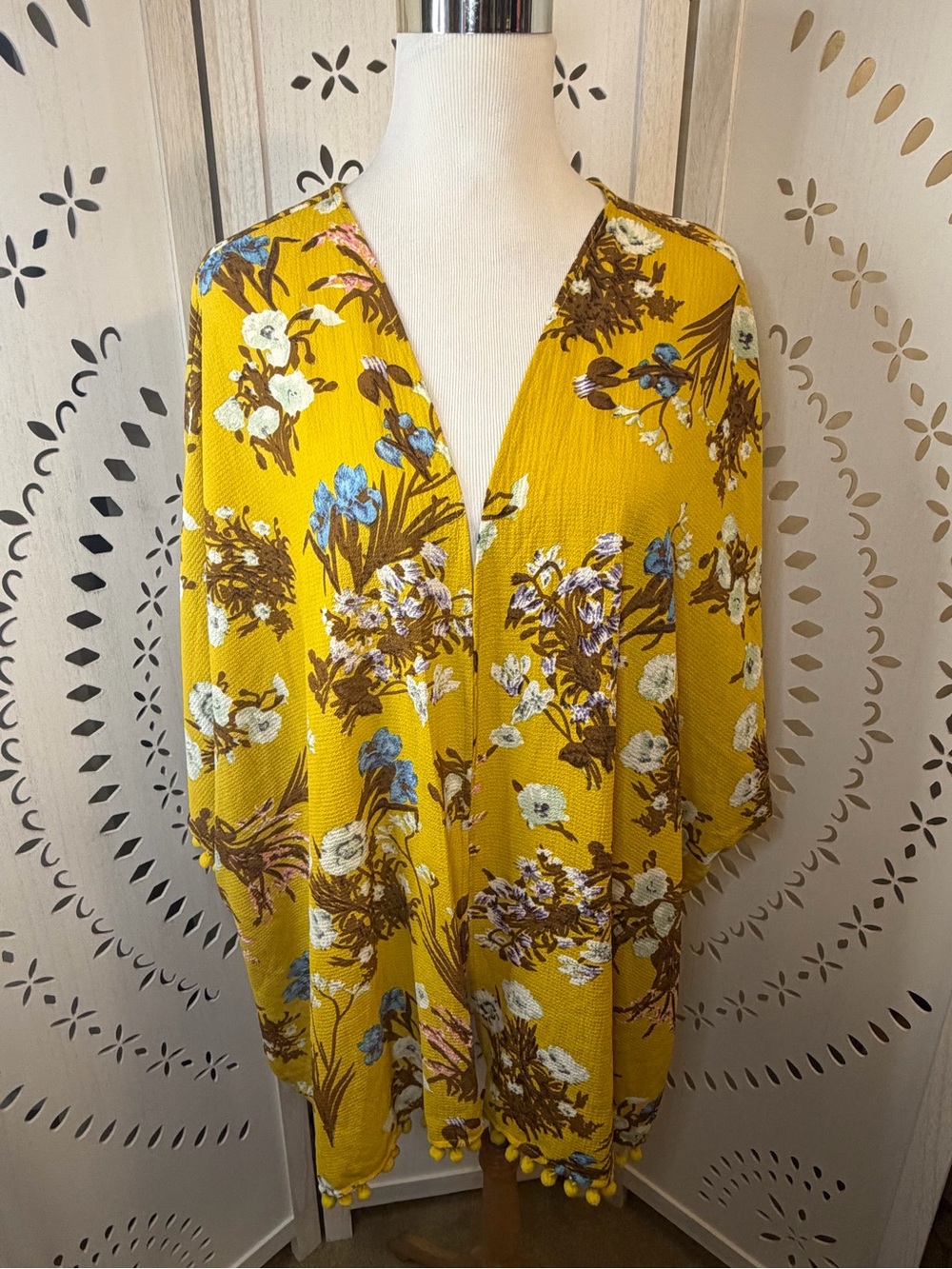 Yellow Floral Kimono with Pom Pom Trim